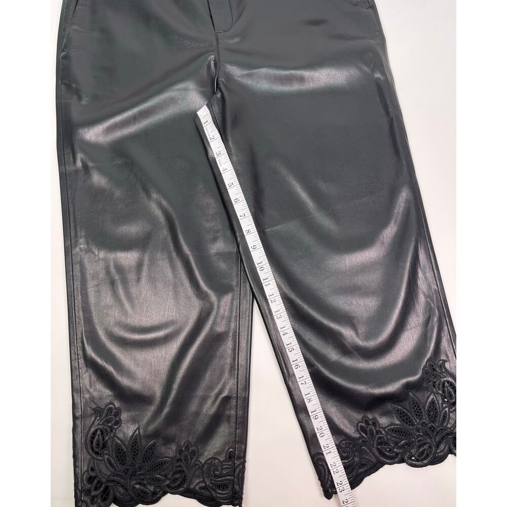 Chico’s Black Faux Leather Cropped Trousers Lace Hem Wide Leg Pants 10 Petite - Picture 11 of 13